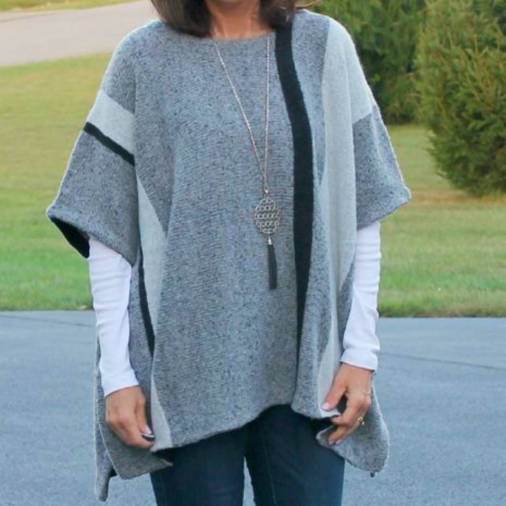 Loft Border Stripe Poncho Sweater Grey Black Sz M EUC - Picture 3 of 16